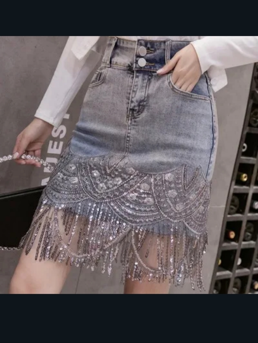 Stunning Sequin Fringe Denim Mini Skirt - Boho Glam Style